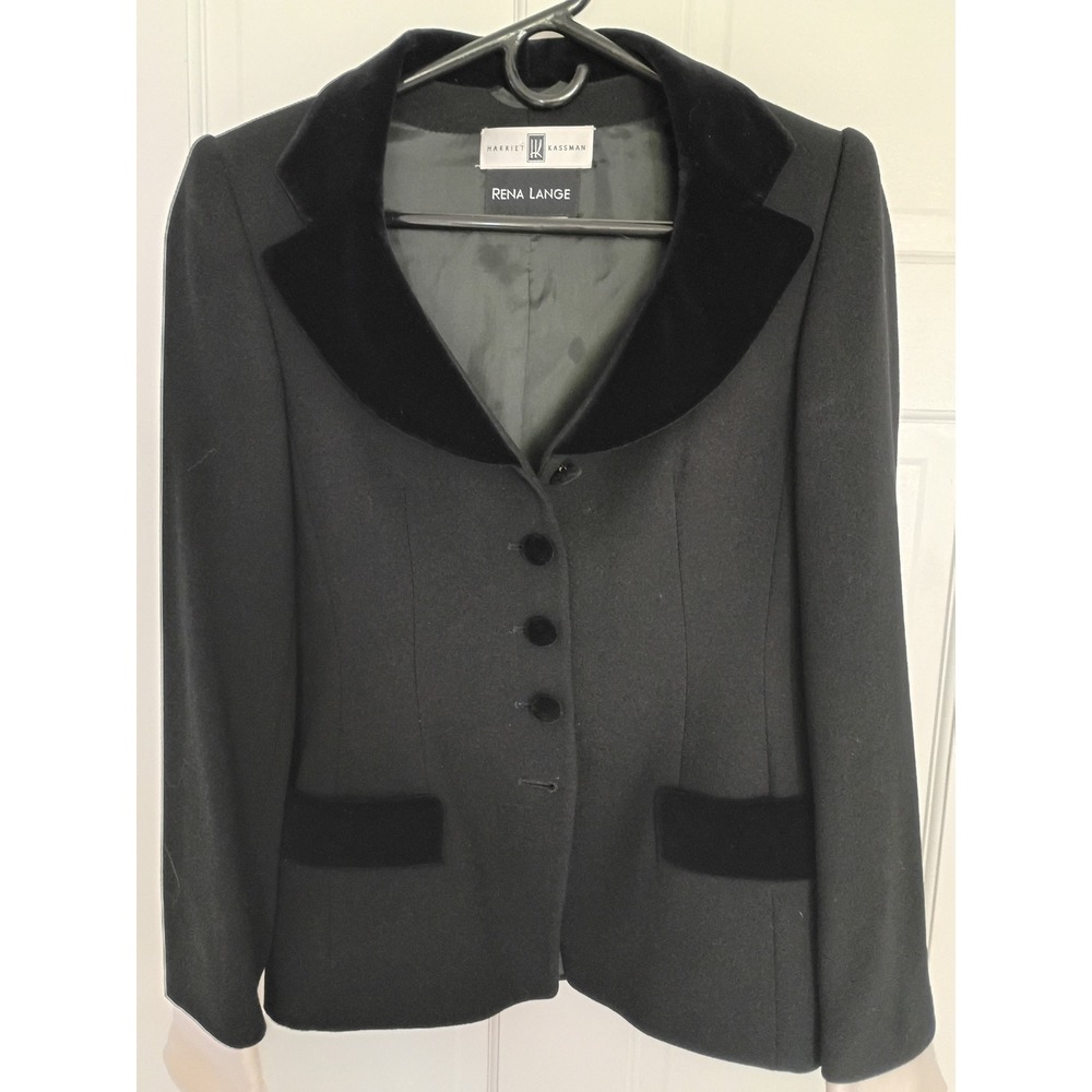 Rena Lange Black Wool Silk Velvet Trim Skirt Suit Blazer Set Womens Size 36